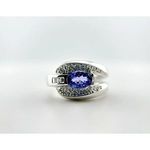 Natural Purple Tanzanite Oval Cut & Round White Diamond Ring in Platinum Size 8